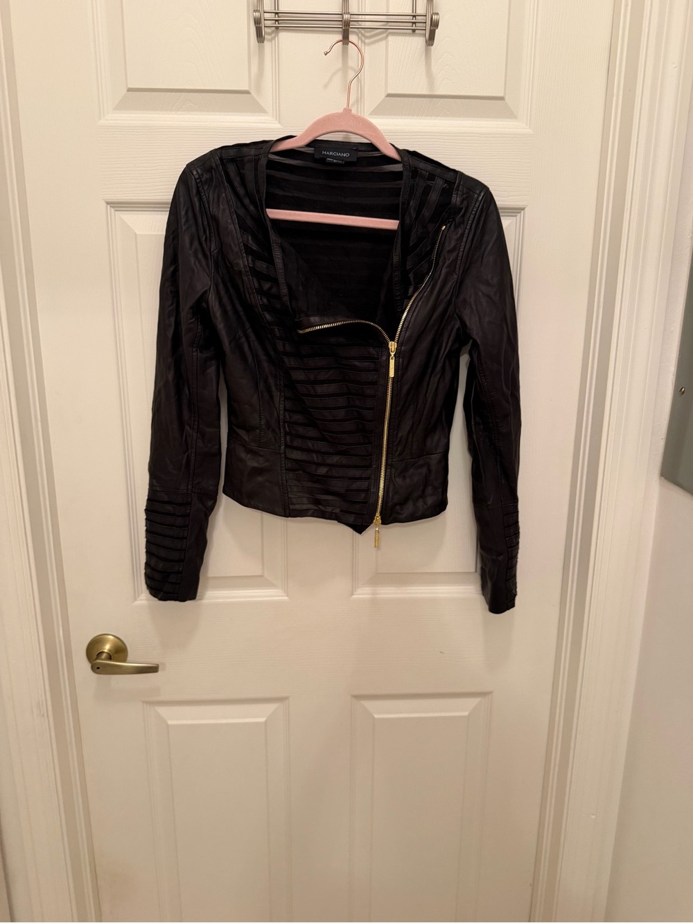 Marciano Black Quilted Asymmetrical Zip Leather Jacket
